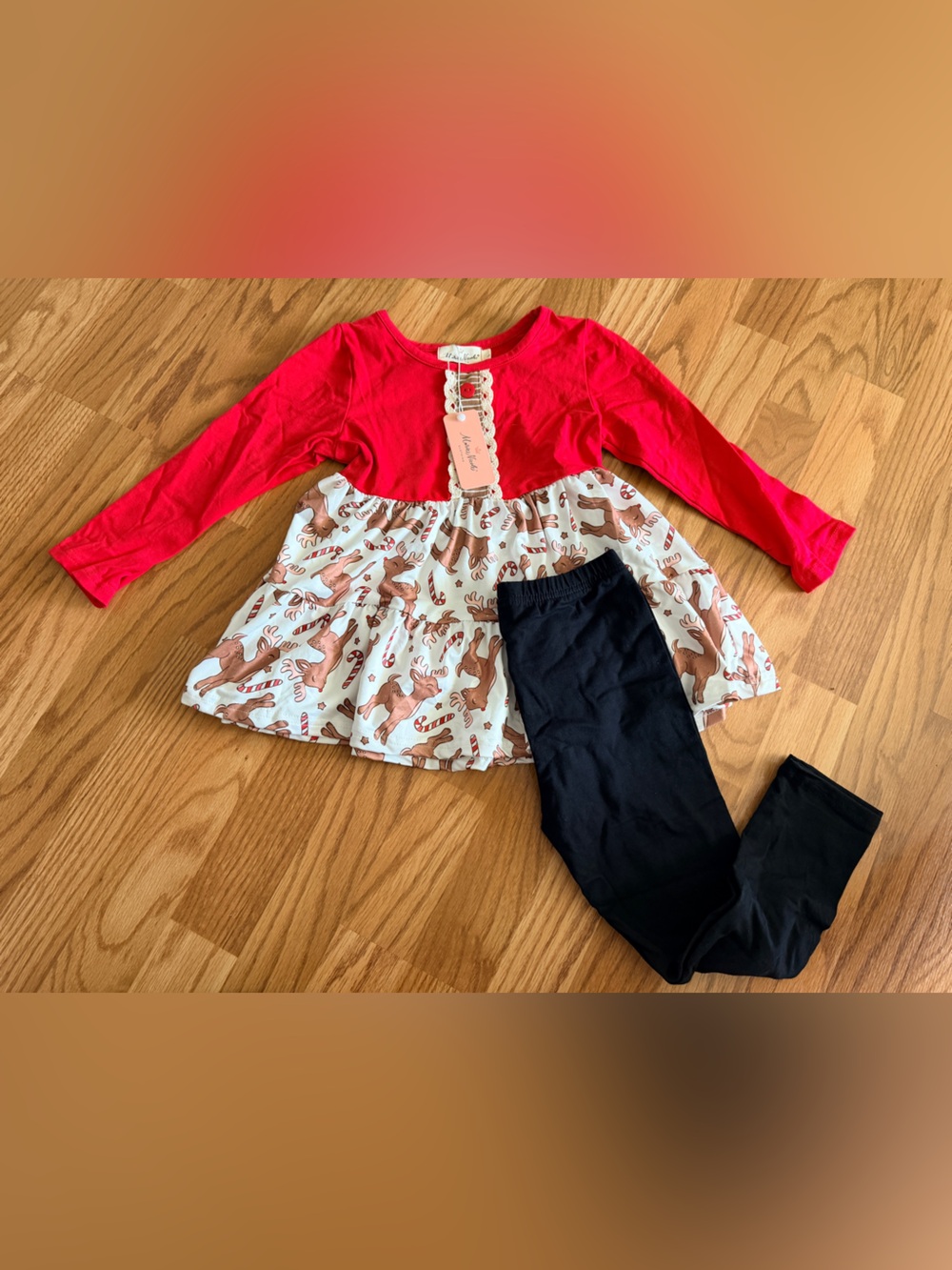 Marie Nicole Clothing Red & Cream Gingerbread Knit Top with Black Leggings Set